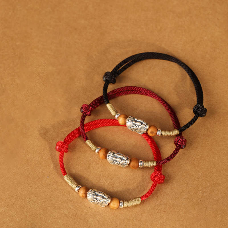 Wear FengShui 999 Sterling Silver Pixiu Charm Peach Wood Bead Handmade String Braided Luck Bracelet Anklet
