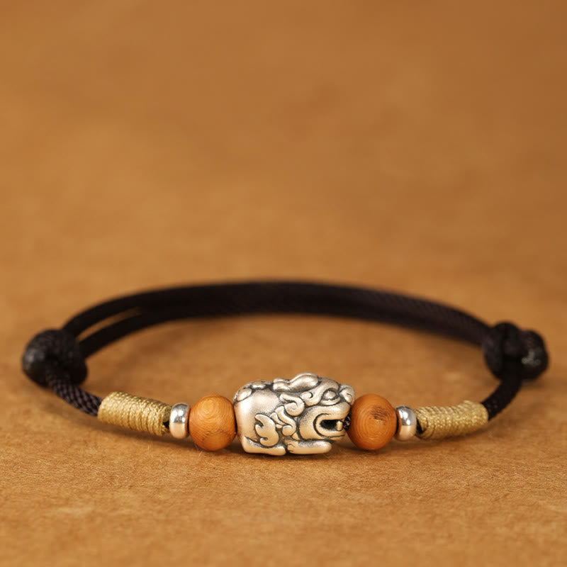 Wear FengShui 999 Sterling Silver Pixiu Charm Peach Wood Bead Handmade String Braided Luck Bracelet Anklet