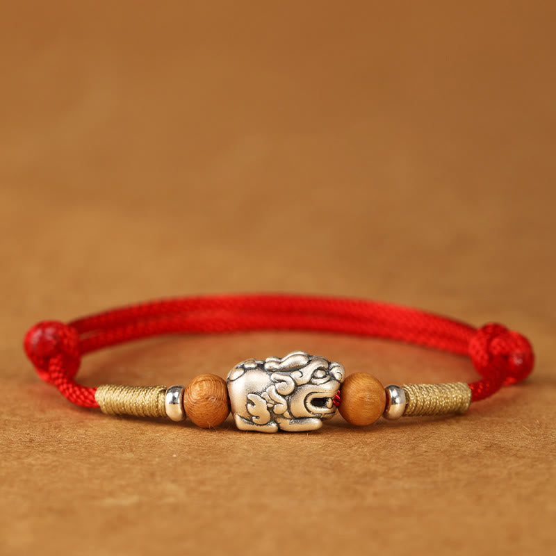 Wear FengShui 999 Sterling Silver Pixiu Charm Peach Wood Bead Handmade String Braided Luck Bracelet Anklet