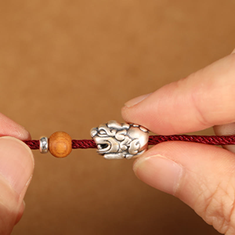 Wear FengShui 999 Sterling Silver Pixiu Charm Peach Wood Bead Handmade String Braided Luck Bracelet Anklet