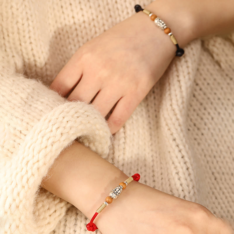 Wear FengShui 999 Sterling Silver Pixiu Charm Peach Wood Bead Handmade String Braided Luck Bracelet Anklet