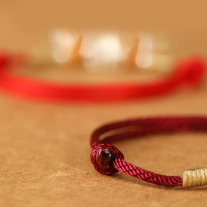 Wear FengShui 999 Sterling Silver Pixiu Charm Peach Wood Bead Handmade String Braided Luck Bracelet Anklet