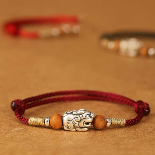 Wear FengShui 999 Sterling Silver Pixiu Charm Peach Wood Bead Handmade String Braided Luck Bracelet Anklet