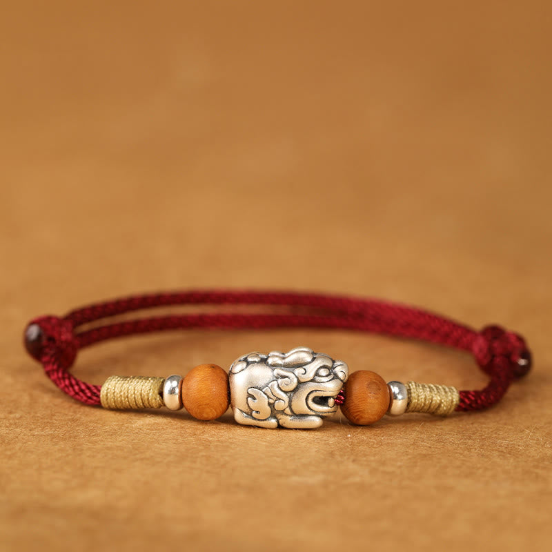Wear FengShui 999 Sterling Silver Pixiu Charm Peach Wood Bead Handmade String Braided Luck Bracelet Anklet