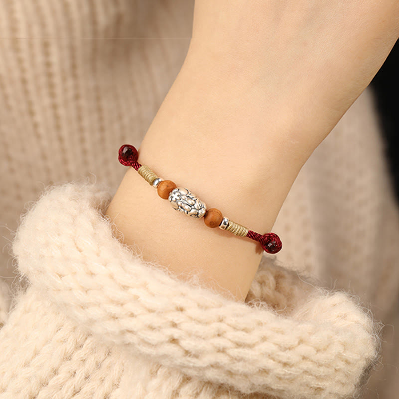 Wear FengShui 999 Sterling Silver Pixiu Charm Peach Wood Bead Handmade String Braided Luck Bracelet Anklet