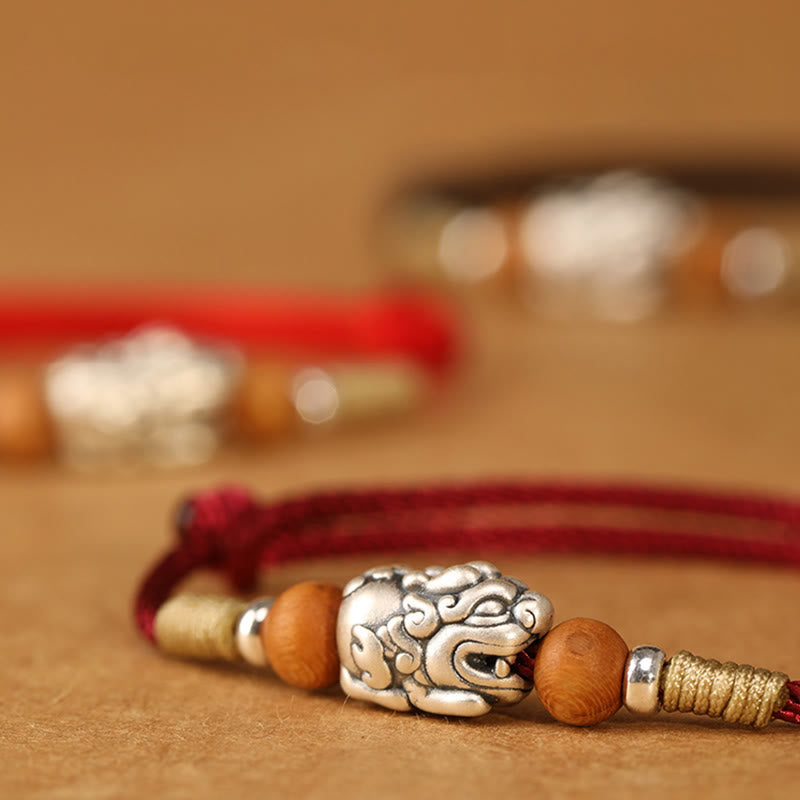 Wear FengShui 999 Sterling Silver Pixiu Charm Peach Wood Bead Handmade String Braided Luck Bracelet Anklet