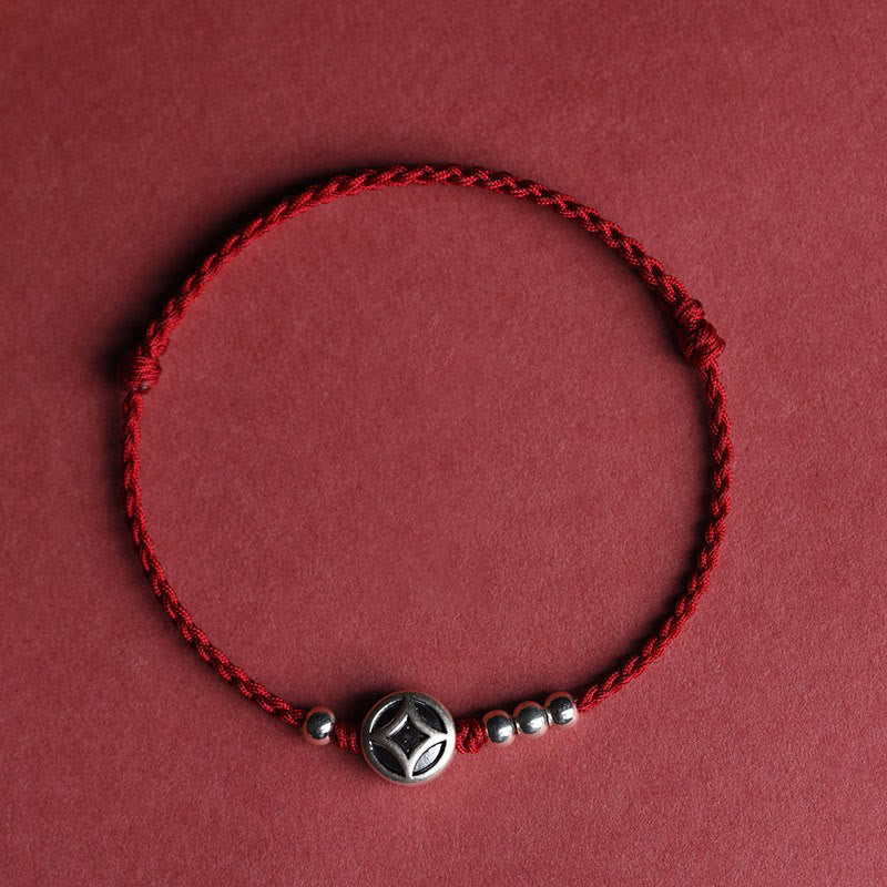 Wear FengShui 999 Sterling Silver Copper Coin Charm Handmade String Strength Bracelet Anklet