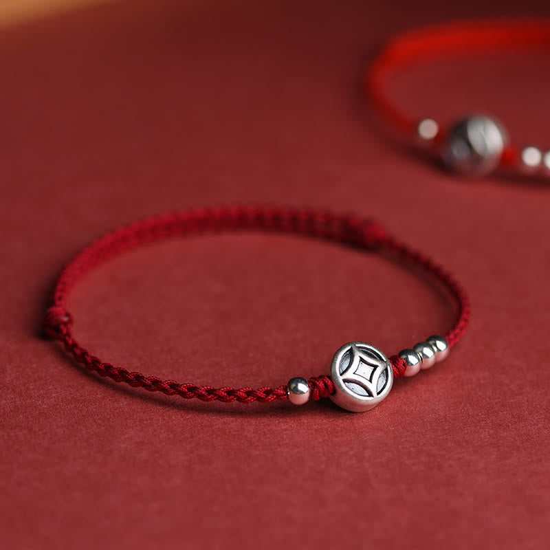 Wear FengShui 999 Sterling Silver Copper Coin Charm Handmade String Strength Bracelet Anklet