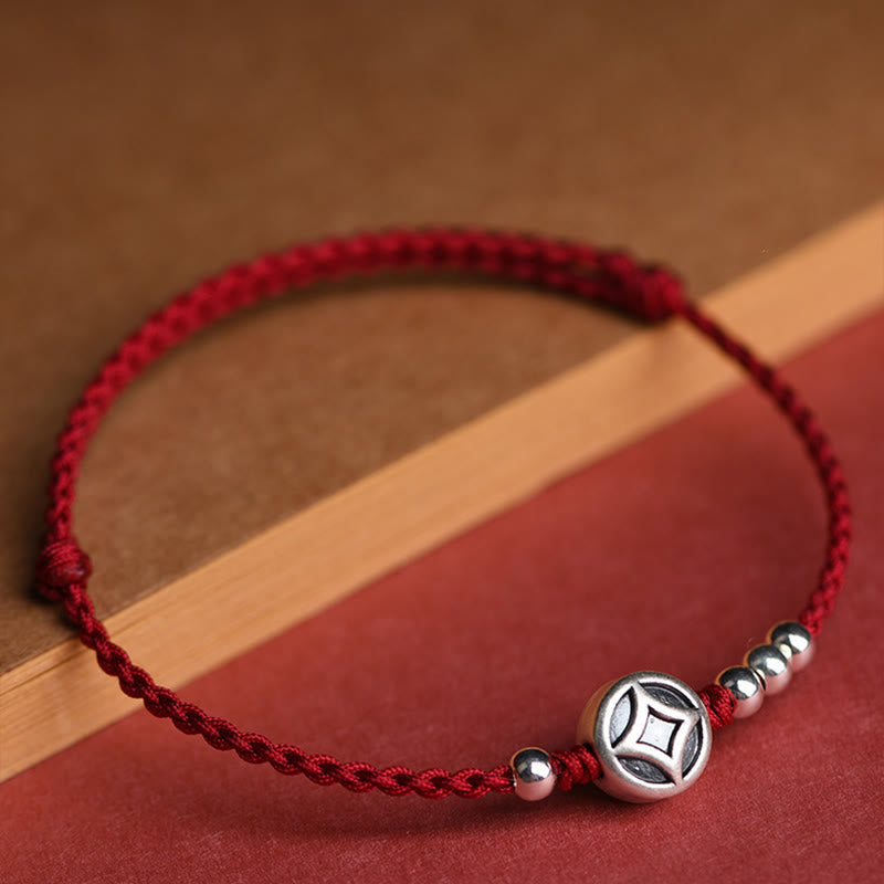 Wear FengShui 999 Sterling Silver Copper Coin Charm Handmade String Strength Bracelet Anklet