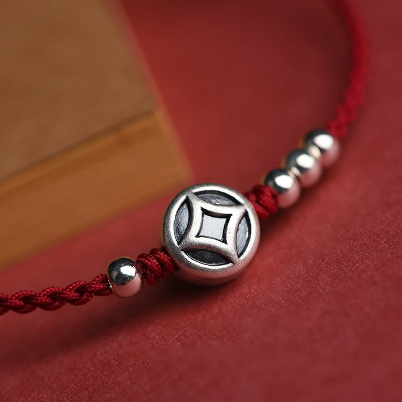 Wear FengShui 999 Sterling Silver Copper Coin Charm Handmade String Strength Bracelet Anklet