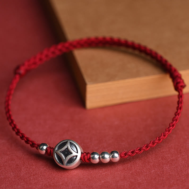 Wear FengShui 999 Sterling Silver Copper Coin Charm Handmade String Strength Bracelet Anklet