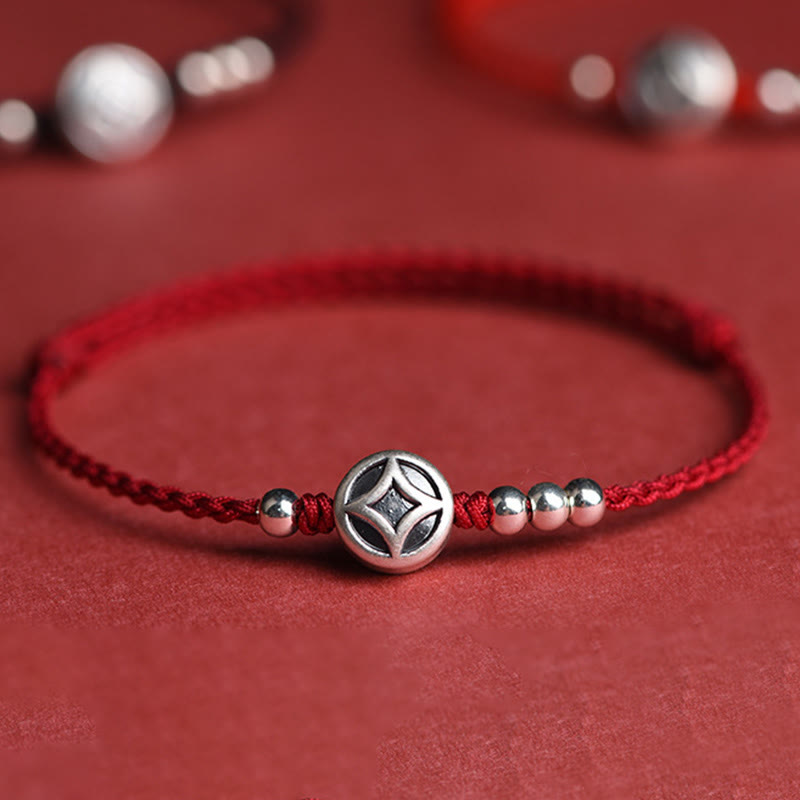 Wear FengShui 999 Sterling Silver Copper Coin Charm Handmade String Strength Bracelet Anklet