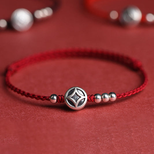 Wear FengShui 999 Sterling Silver Copper Coin Charm Handmade String Strength Bracelet Anklet