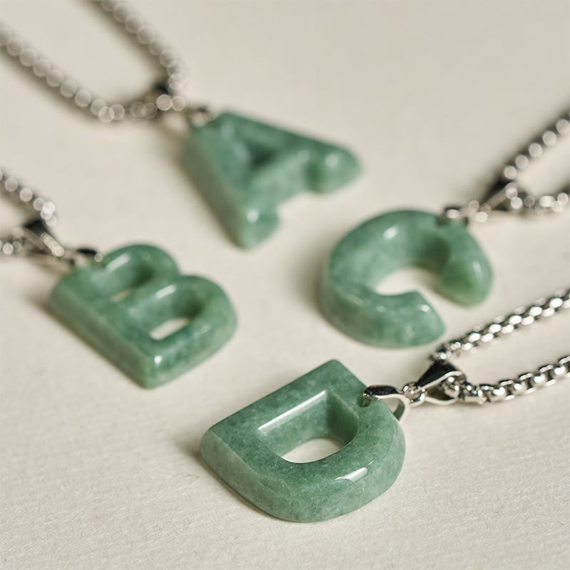 Wear FengShui Natural A-Z Letter Jade Titanium Steel Wide Chain Prosperity Necklace Pendant