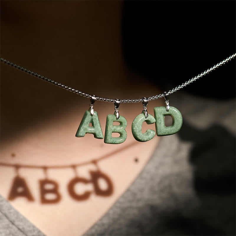 Wear FengShui Natural A-Z Letter Jade Titanium Steel Wide Chain Prosperity Necklace Pendant