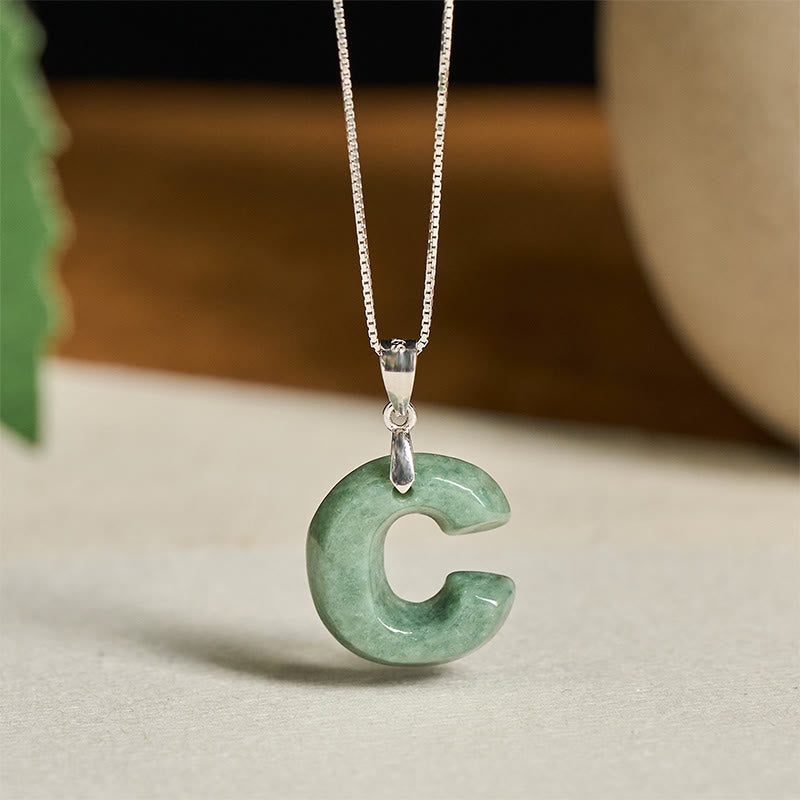 Wear FengShui "May You Find Your Own Meaning" Natural A-Z Letter Jade 925 Sterling Silver Chain Necklace Includes Gift Message Card