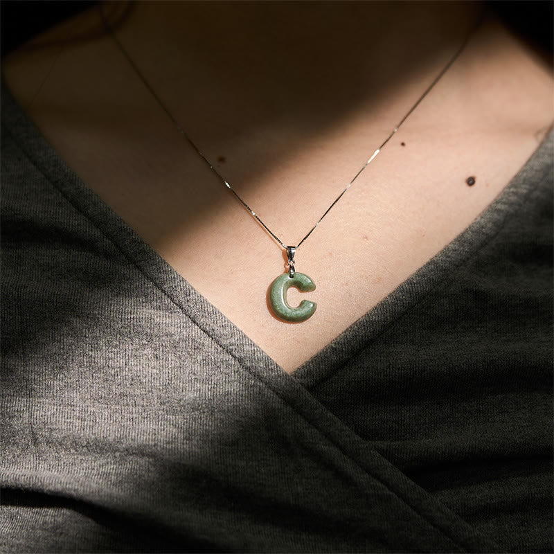 Wear FengShui "May You Find Your Own Meaning" Natural A-Z Letter Jade 925 Sterling Silver Chain Necklace Includes Gift Message Card