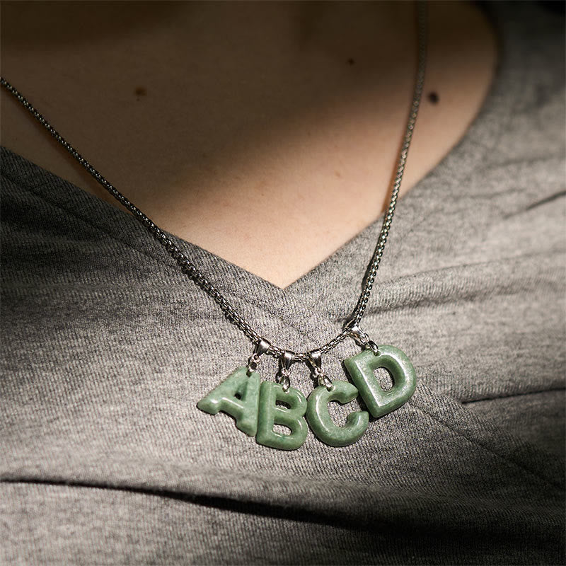 Wear FengShui Natural A-Z Letter Jade Titanium Steel Wide Chain Prosperity Necklace Pendant