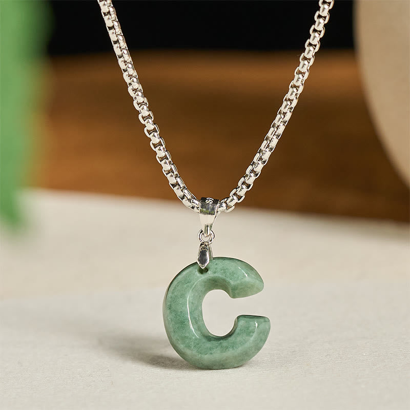 Wear FengShui "May You Find Your Own Meaning" Natural A-Z Letter Jade Titanium Steel Chain Necklace Includes Gift Message Card