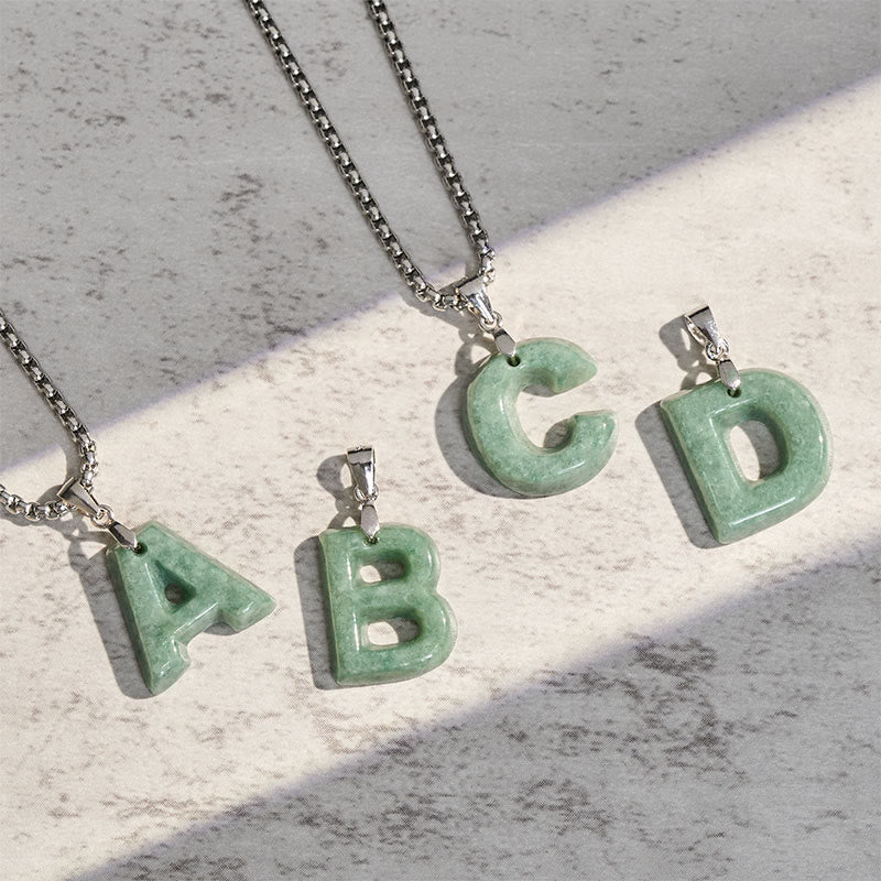 Wear FengShui Natural A-Z Letter Jade Titanium Steel Wide Chain Prosperity Necklace Pendant