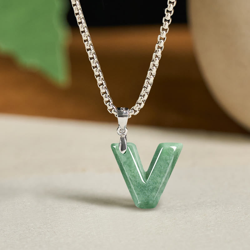 Wear FengShui Natural A-Z Letter Jade Titanium Steel Wide Chain Prosperity Necklace Pendant
