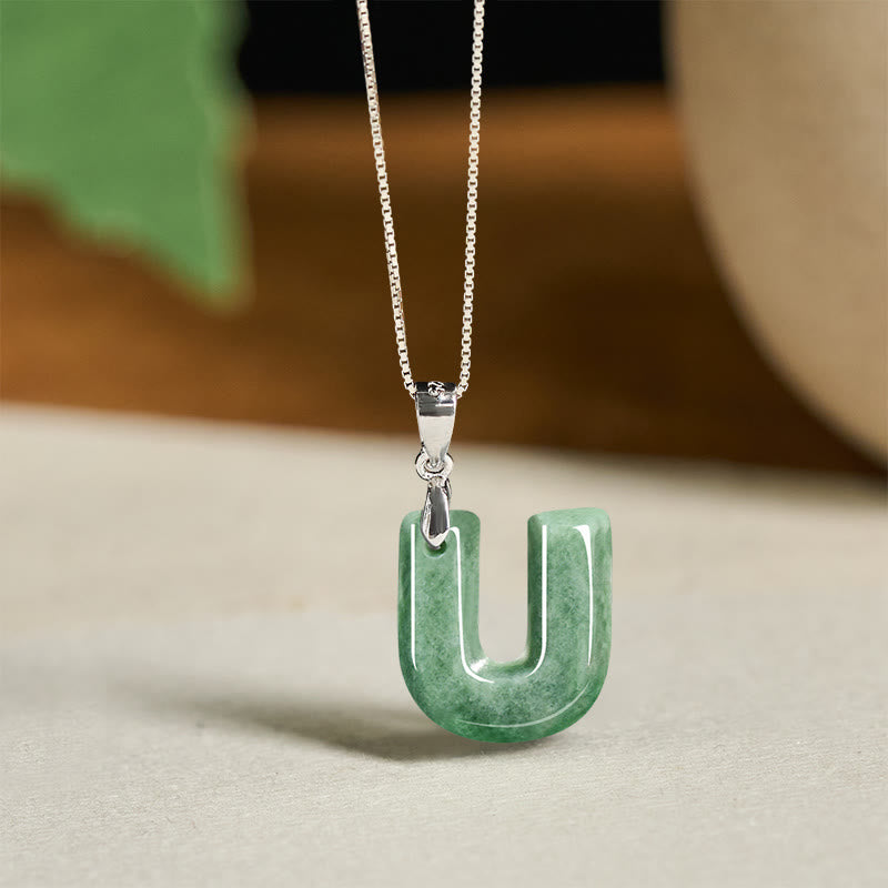 Wear FengShui "May You Find Your Own Meaning" Natural A-Z Letter Jade 925 Sterling Silver Chain Necklace Includes Gift Message Card