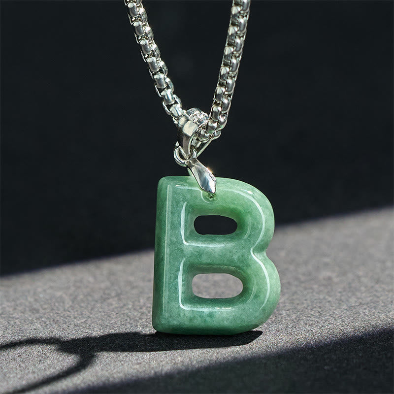 Wear FengShui "May You Find Your Own Meaning" Natural A-Z Letter Jade Titanium Steel Chain Necklace Includes Gift Message Card