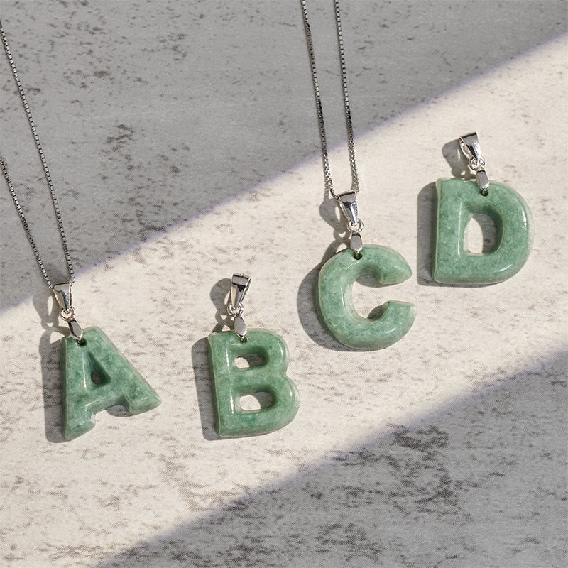 Wear FengShui "May You Find Your Own Meaning" Natural A-Z Letter Jade 925 Sterling Silver Chain Necklace Includes Gift Message Card