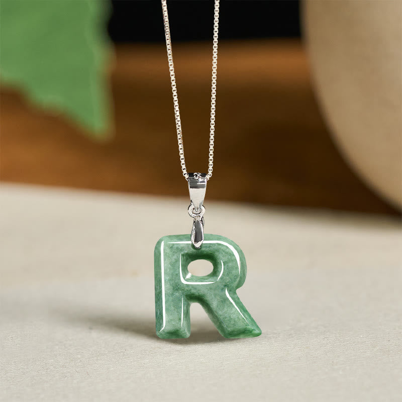 Wear FengShui "May You Find Your Own Meaning" Natural A-Z Letter Jade 925 Sterling Silver Chain Necklace Includes Gift Message Card