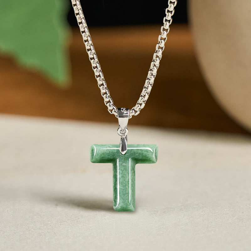 Wear FengShui Natural A-Z Letter Jade Titanium Steel Wide Chain Prosperity Necklace Pendant