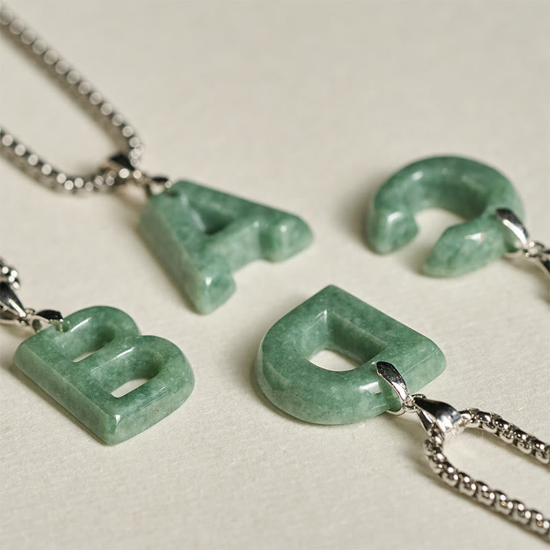 Wear FengShui Natural A-Z Letter Jade Titanium Steel Wide Chain Prosperity Necklace Pendant