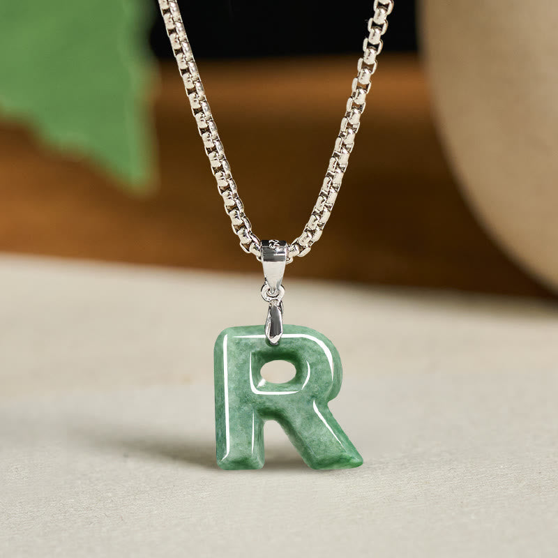 Wear FengShui Natural A-Z Letter Jade Titanium Steel Wide Chain Prosperity Necklace Pendant