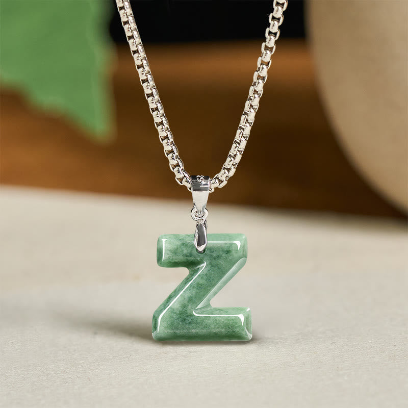 Wear FengShui Natural A-Z Letter Jade Titanium Steel Wide Chain Prosperity Necklace Pendant