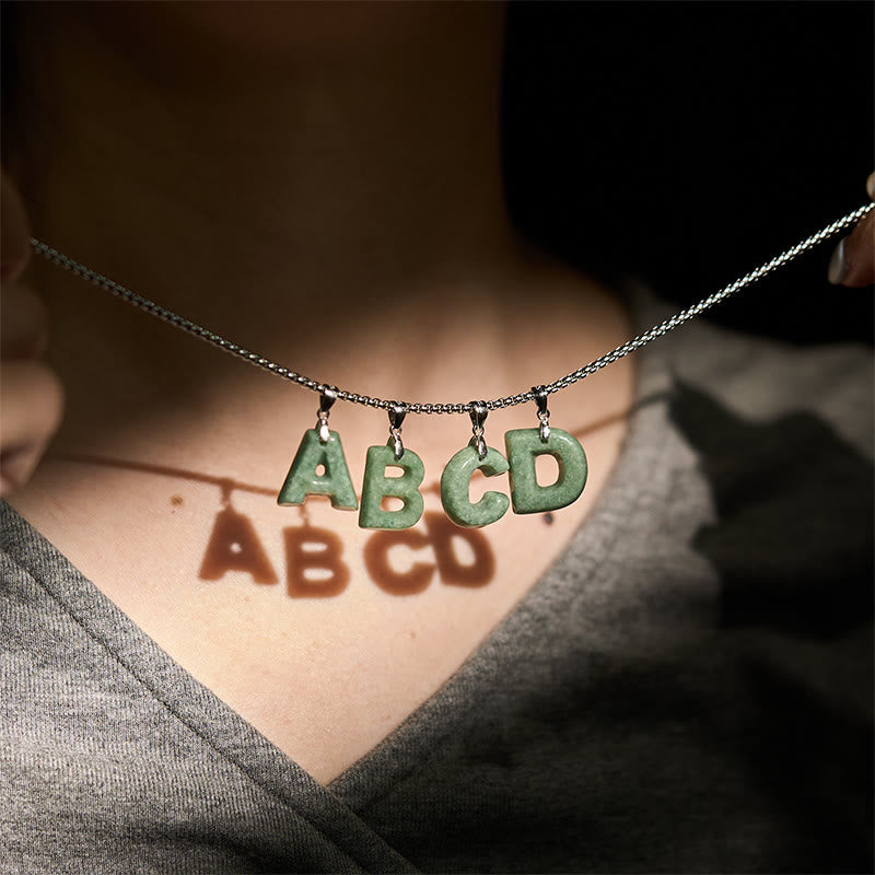 Wear FengShui Natural A-Z Letter Jade Titanium Steel Wide Chain Prosperity Necklace Pendant
