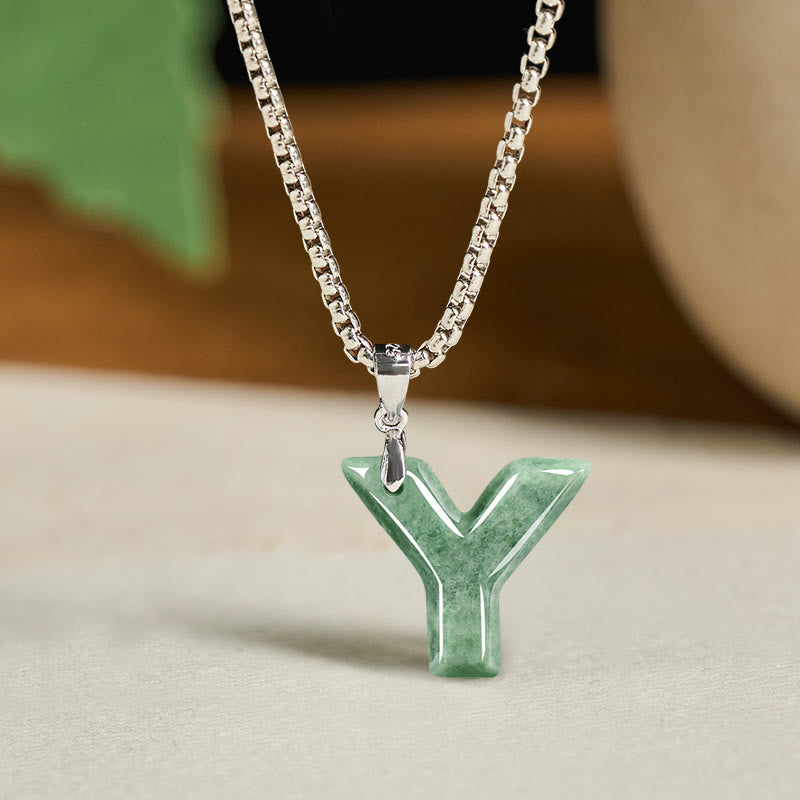 Wear FengShui Natural A-Z Letter Jade Titanium Steel Wide Chain Prosperity Necklace Pendant