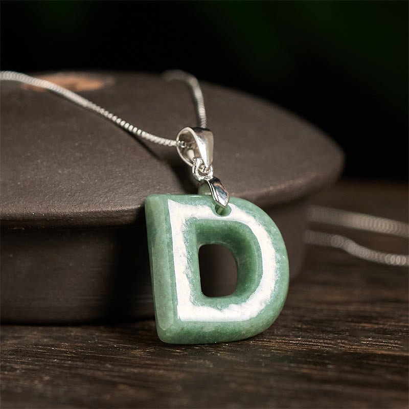 Wear FengShui "May You Find Your Own Meaning" Natural A-Z Letter Jade 925 Sterling Silver Chain Necklace Includes Gift Message Card