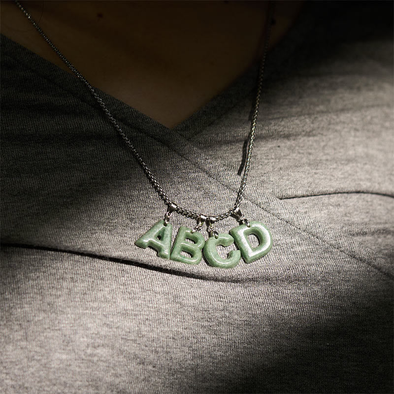 Wear FengShui Natural A-Z Letter Jade Titanium Steel Wide Chain Prosperity Necklace Pendant