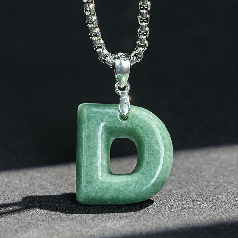 Wear FengShui Natural A-Z Letter Jade Titanium Steel Wide Chain Prosperity Necklace Pendant