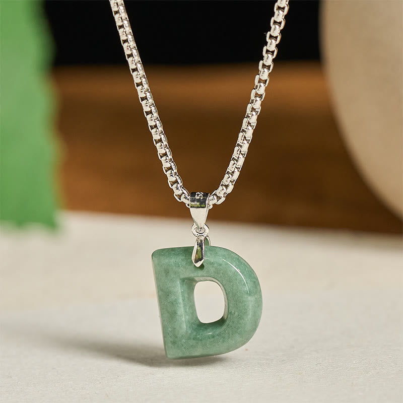 Wear FengShui Natural A-Z Letter Jade Titanium Steel Wide Chain Prosperity Necklace Pendant