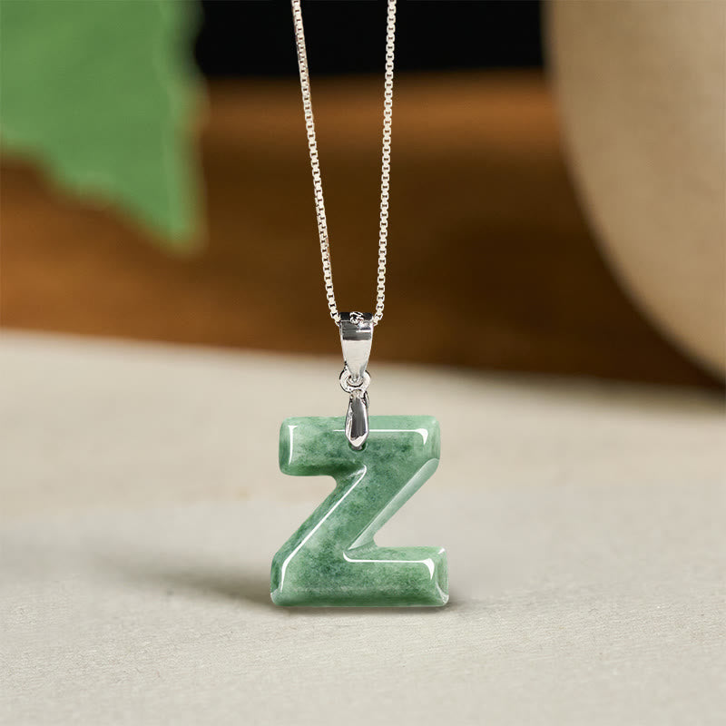 Wear FengShui "May You Find Your Own Meaning" Natural A-Z Letter Jade 925 Sterling Silver Chain Necklace Includes Gift Message Card