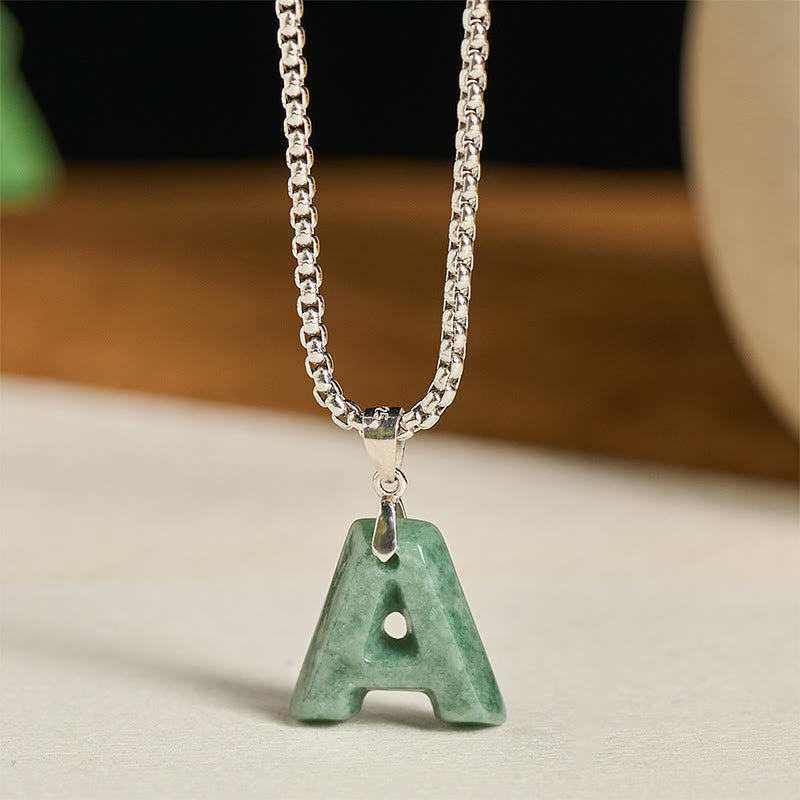 Wear FengShui "May You Find Your Own Meaning" Natural A-Z Letter Jade Titanium Steel Chain Necklace Includes Gift Message Card