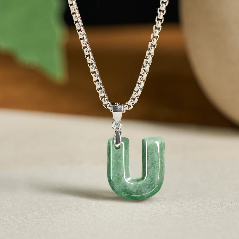 Wear FengShui Natural A-Z Letter Jade Titanium Steel Wide Chain Prosperity Necklace Pendant