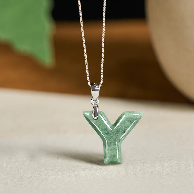 Wear FengShui "May You Find Your Own Meaning" Natural A-Z Letter Jade 925 Sterling Silver Chain Necklace Includes Gift Message Card