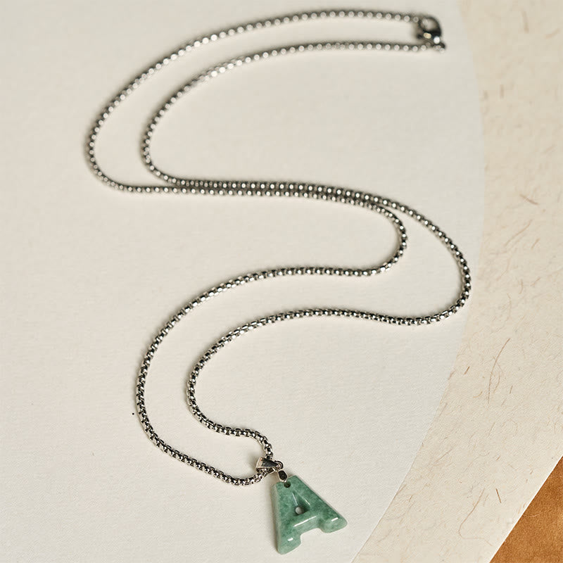 Wear FengShui "May You Find Your Own Meaning" Natural A-Z Letter Jade Titanium Steel Chain Necklace Includes Gift Message Card