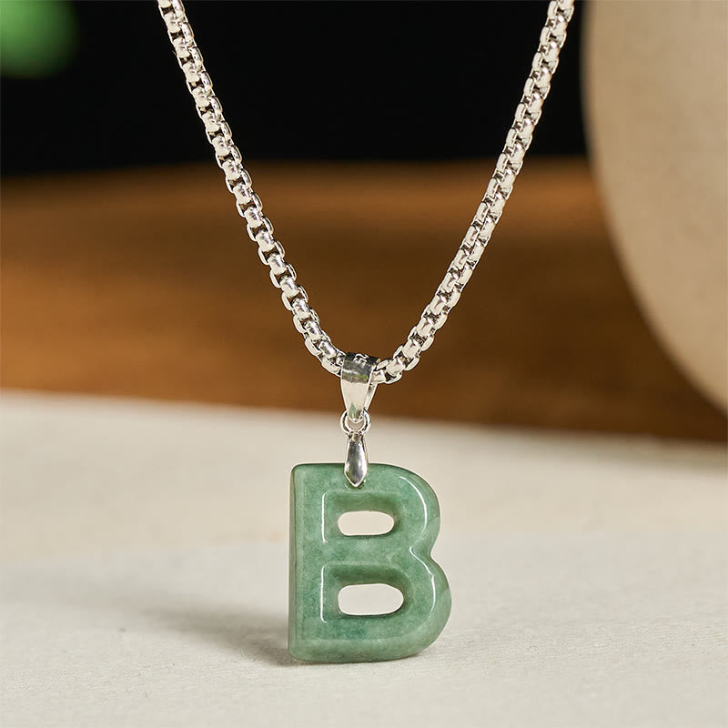 Wear FengShui Natural A-Z Letter Jade Titanium Steel Wide Chain Prosperity Necklace Pendant