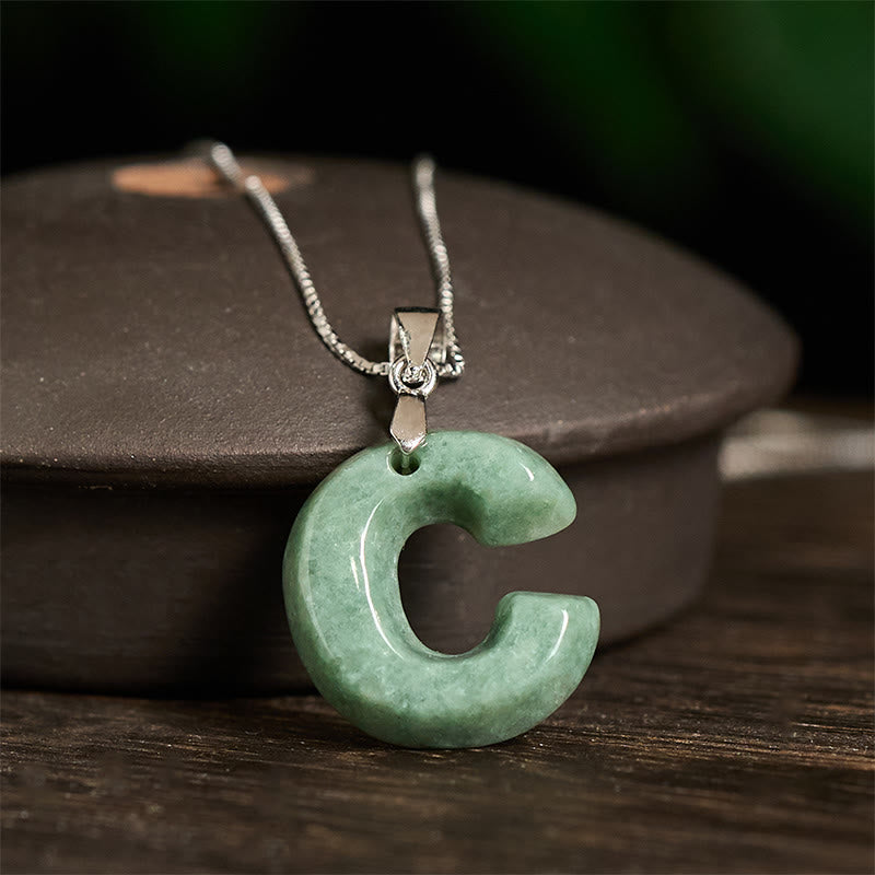 Wear FengShui "May You Find Your Own Meaning" Natural A-Z Letter Jade 925 Sterling Silver Chain Necklace Includes Gift Message Card