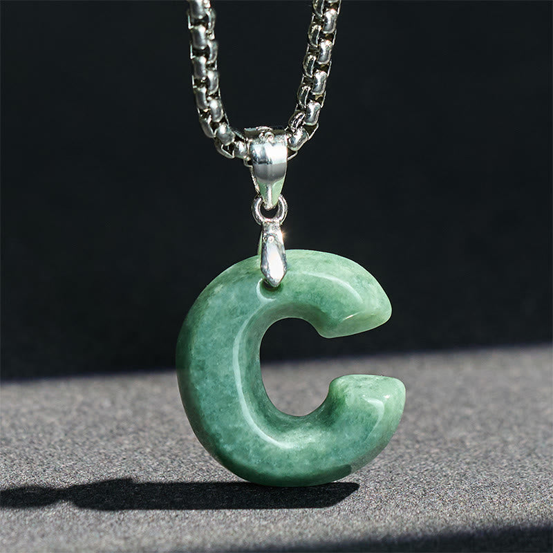 Wear FengShui Natural A-Z Letter Jade Titanium Steel Wide Chain Prosperity Necklace Pendant