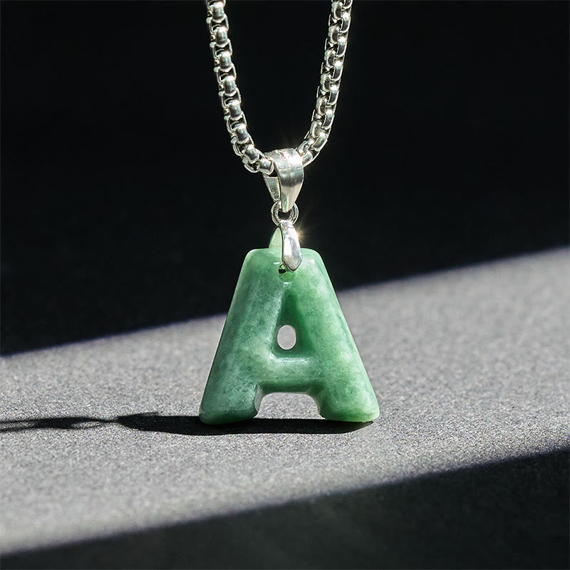 Wear FengShui "May You Find Your Own Meaning" Natural A-Z Letter Jade Titanium Steel Chain Necklace Includes Gift Message Card