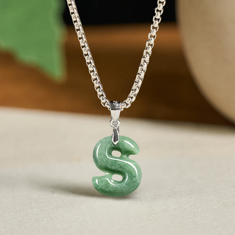 Wear FengShui Natural A-Z Letter Jade Titanium Steel Wide Chain Prosperity Necklace Pendant