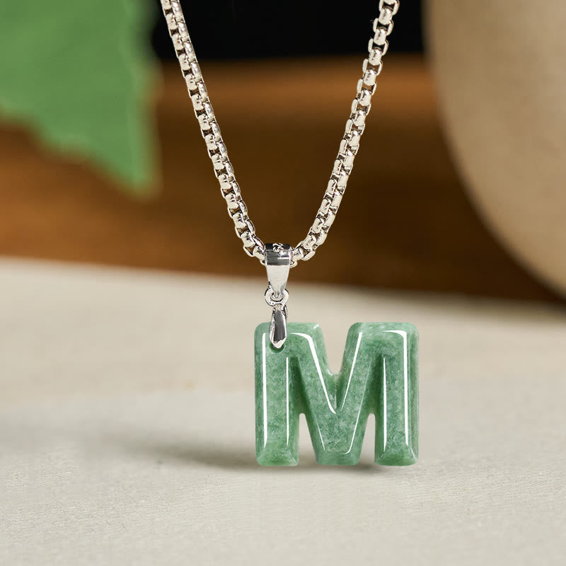 Wear FengShui Natural A-Z Letter Jade Titanium Steel Wide Chain Prosperity Necklace Pendant